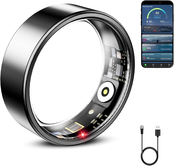 Mirlray Smart Ring for Women & Men, Smart Ring Health Tracker, Blood Oxygen & Heart Rate Monitor, Long Lasting Battery Sleep Ring, Waterproof Fitness Ring (Black, 11)