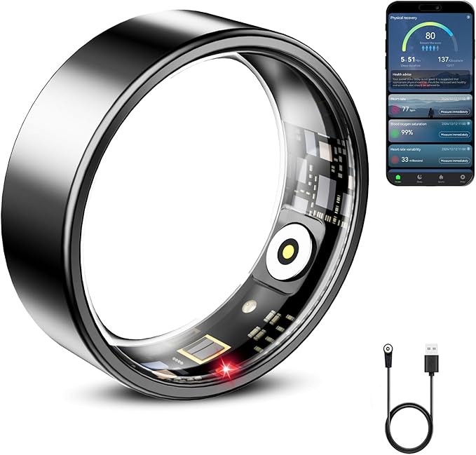 Mirlray Smart Ring for Women & Men, Smart Ring Health Tracker, Blood Oxygen & Heart Rate Monitor, Long Lasting Battery Sleep Ring, Waterproof Fitness Ring (Black, 9)