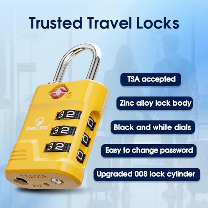 SURE LOCK TSA Approved Luggage Lock – 3-Digit Resettable Combination Padlock with Open Alert Red Dot, Large Easy-Read Dials for Suitcases, Backpacks, Gym & School Lockers(Yellow 1 pk)