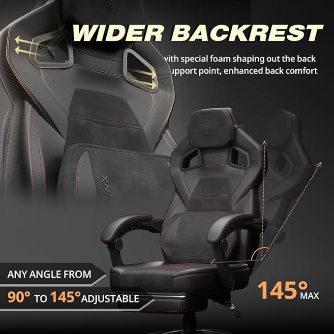 Dowinx PU Leather Gaming Chair with Footrest, 350lb Big and Tall Gamer Chair, Wide Seat Ergonomic Computer Chair with Lumbar Massage Support, Wide Back Office Chair for Heavy People, Deep Black