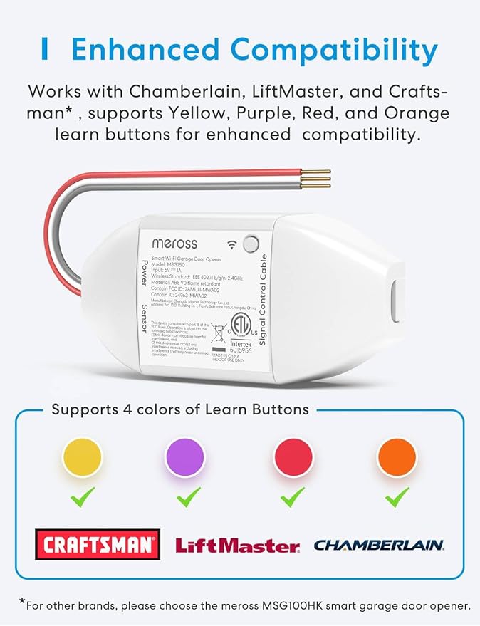 meross Smart Garage Door Opener Remote, Compatible with Apple HomeKit, Amazon Alexa, Google Assistant, CarPlay and SmartThings, Enhanced Compatibility, New Version
