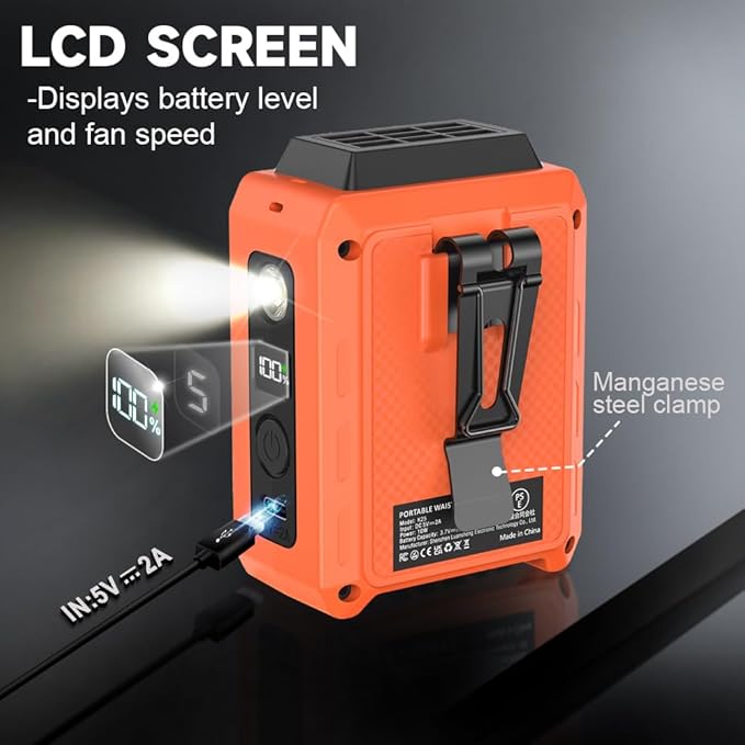 CAZOKASI Wearable Waist Clip Fan with Lighting Desktop Stand 16000rpm Runtime upto 20 hours (5000mAh / Orange)