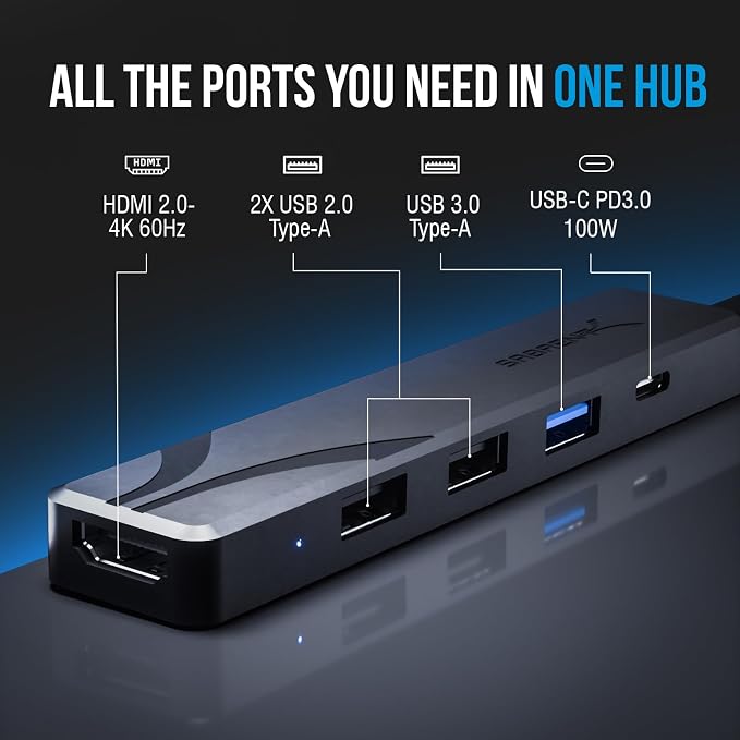 SABRENT USB C Hub, USB C to HDMI 4K@60Hz, Type C Hub Multiport Adapter, 100W Power Delivery, Compatible with MacBook, Laptop (HB-TC5P)