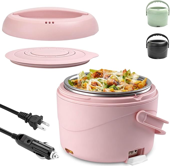 Aotto Electric Lunch Box, 40 oz Portable Food Warmer Heater, Lunch Warmer Portable for Work/Office/Car/Travel 12V/24V/110V 3-in-1, Warming Soup & Meal, Spill-Free, Men & Women's Gifts, Pink