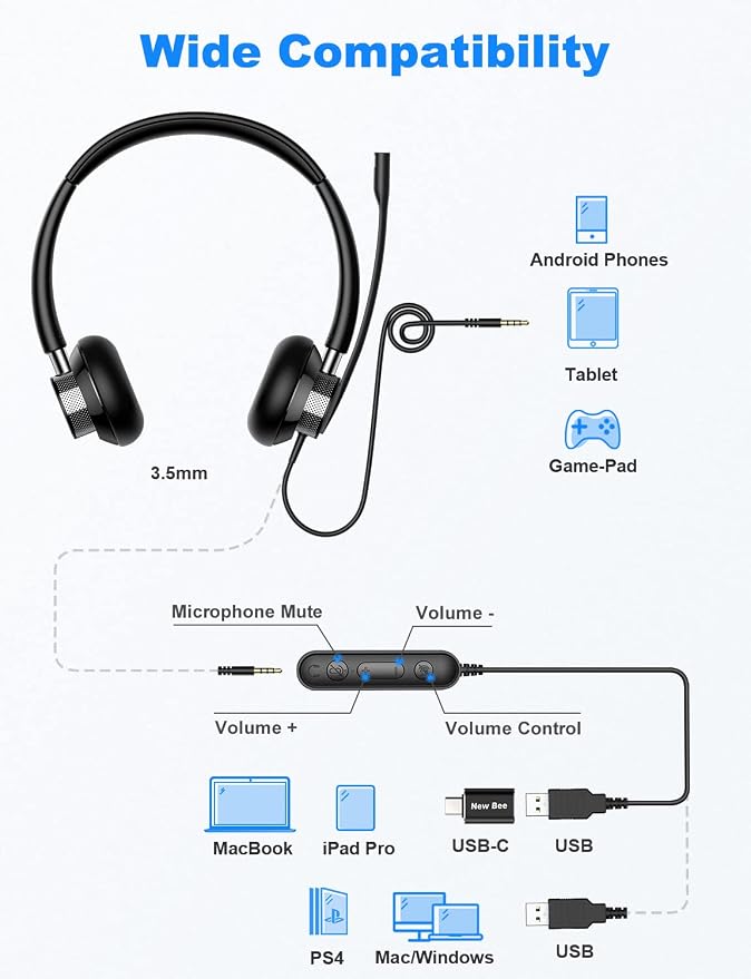 New Bee USB Headset with Microphone RGB Headphone Stand