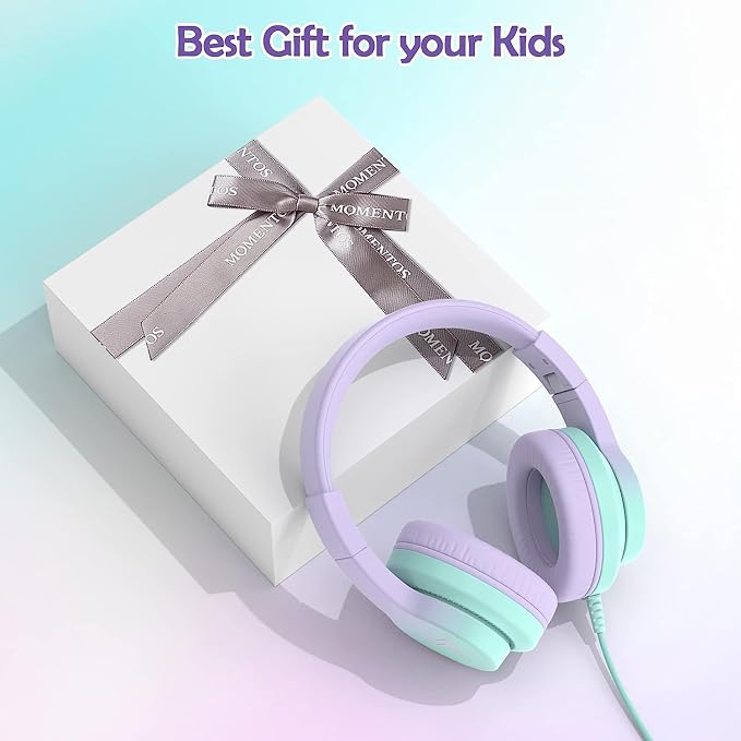 Candy Bila Kids Headphones, Wired Headphones for Kids Over Ear with Microphone, Foldable Headphone for Learning & Entertainment, Gradient Purple