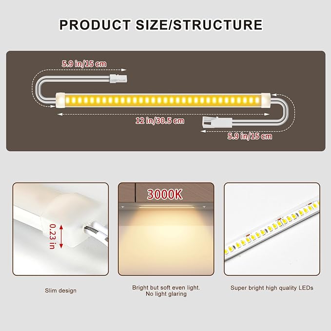 Silicone Under Cabinet Lighting Kit, 12 Inch Linkable LED Strip Lights Work with Alexa, Dimmable, Remote Control, Smart App, 6 Pack White Light for Closet, Shelf, Workbench, Desk (Warm White)