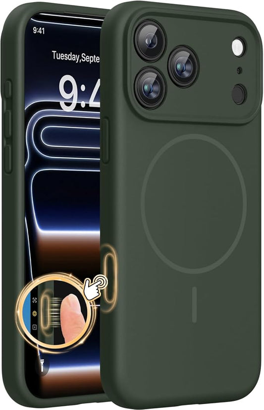 Miracase Magnetic for iPhone 17 Pro Case, Compatible with MagSafe, Integrated Silicone Camera Control Cover, 3.0mm Thicken Shockproof Drop Protection Phone Case for 17 Pro,Dark Green