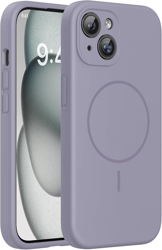 Miracase Magnetic for iPhone 15 Case, [Soft Anti-Scratch Microfiber Lining], Compatible with MagSafe, Liquid Silicone Case Shockproof Drop Protection Phone Case for 15,Lavender Gray