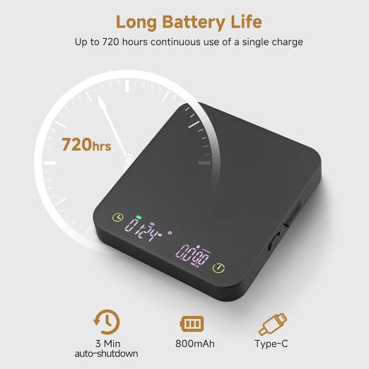 Mini Coffee Scale with Timer, 3kg/0.1g Espresso Scale Rechargeable with Flow Rate Display, Portable Digital Coffee Scale with Multiple Mode Timer for Espresso, Pour-Over, French Press