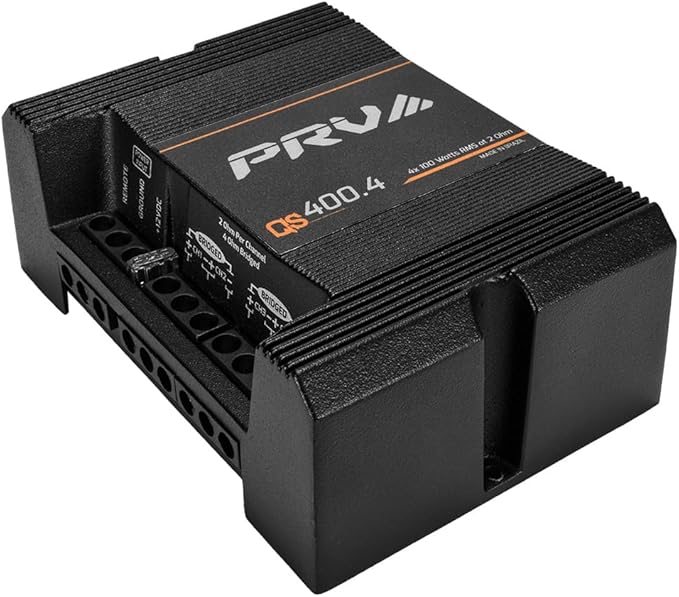 PRV Audio QS400.4 2 Ohm Mini Compact 4 Channel Car Audio Amplifier 4 x 100 Watts RMS at 2 Ohm - 400 Watt Amp Stereo 12 Volts Amp Class D Full Range Bridgeable