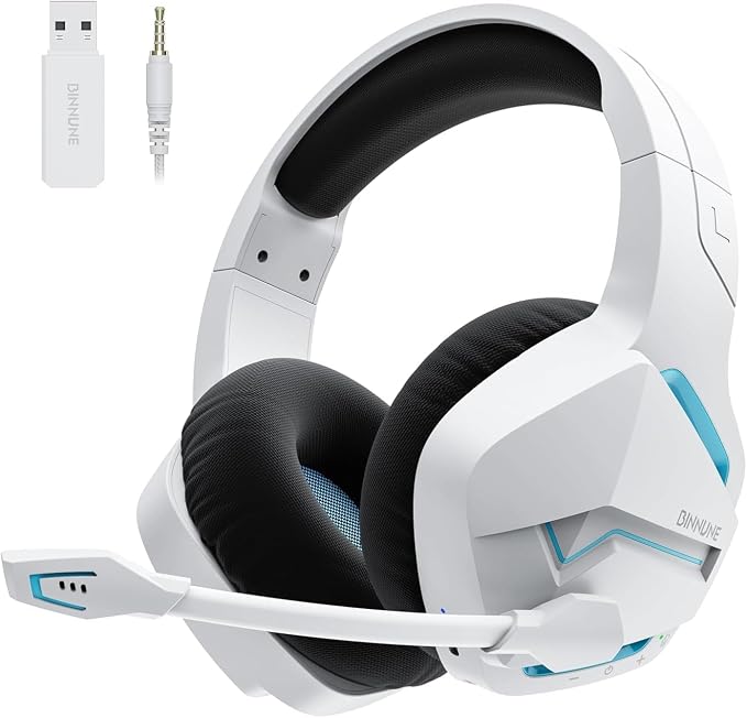 BINNUNE Wireless Gaming Headset for PS5 PC, 120H Ultra-Long Battery, 2.4GHz & Bluetooth 5.3 Wireless Headphones with Noise Canceling Mic, 50mm Drivers, Comfort Over Ear Gaming Headphones,White