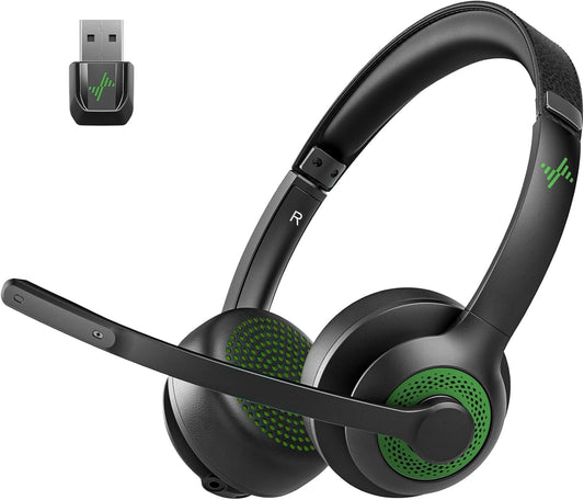 Wireless Headset with AI Noise Cancelling Microphone Bluetooth Headset - Bluetooth V5.2 Headphones with USB Dongle & Mic Mute for Computer/Laptop/PC/iPhone/Android/Cell Phones/Zoom-Green