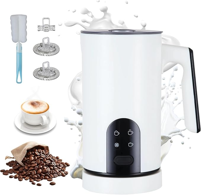 4 in 1 Electric Milk Frother Automatic Hot & Cold Foam Maker Auto Shut-Off Durable Stainless Steel Milk Frother Silent Working Easy to Clean for Cappuccino, Hot Chocolate (White)
