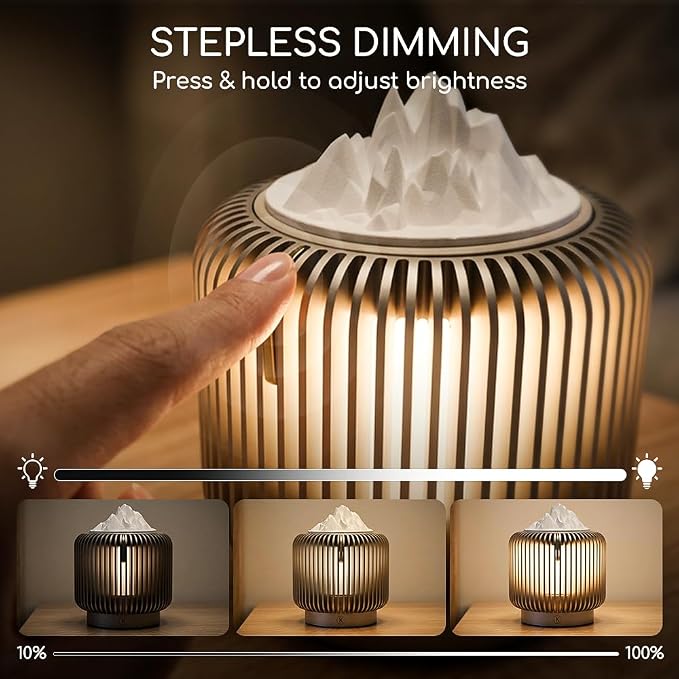 Masdio Bluetooth Speaker & Aroma Diffuser Night Light, Rotating Mountain Aroma Diffuser, Candlelight Mode, Stepless Dimming, 14H Battery, Lantern-Inspired Metal Design for Bedroom