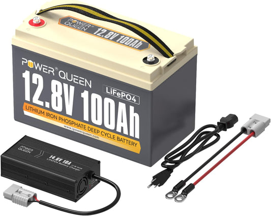 power queen 12.8V 100Ah Deep Cycle Lithium Iron Phosphate Battery with 14.6V 10A Dedicated LiFePO4 Battery Charger, Constant Charged, Ideal Bundle for RV, Camping, On-Grid and Off-Grid System