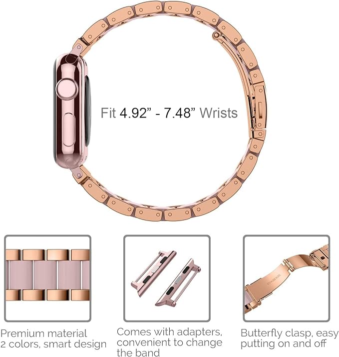 Wearlizer Compatible with Apple Watch Band 42/44/45/46/49mm Fashion Wristbands Women Stainless Steel + Resin Replacement Metal for iWatch Series 11 10 9 8 7 6 5 4 3 SE/Ultra 3 2 1-Dark Rose Gold+Pink