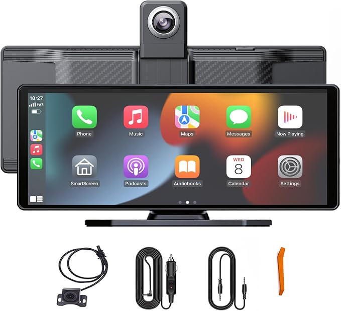 10 Inch Wireless Apple CarPlay & Android Auto Screen for Car with 4K Dash Cam,Ultra-Light Touchscreen, IP68 1080P Backup Camera, GPS Navigation, Voice Control, Mirror Link(No Card)