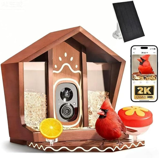 Smart Bird Feeder with Camera Solar Powered AI Identification 10,000+ Bird 2K UHD Video Live Instant Arrival Alerts and Real-Time Motion Detection Weatherproof Bamboo for Outdoor Birds Lovers