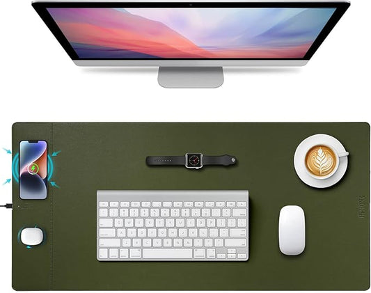 Wireless Charging Mouse Pad, 15W Fast Charge Magnetic Charger Desk Pad, Large Office Desk Mat (35.4"x16.9") with Ultra-Smooth Surface, Military Green Computer Mousepad for MacBook, PC, Laptop