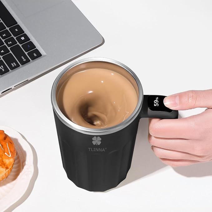 Self Stirring Mug,Self Stirring Coffee Mug,Suitable for Coffee, Milk, Cocoa and Other Beverages,Insulated bottle (Black-temperature, 12 Ounces)