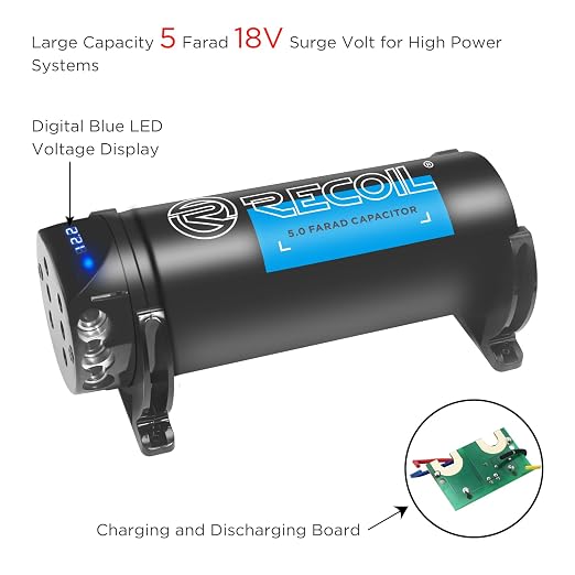 Recoil EC5D 5 Farad 18SV Digital Capacitor Car Audio with Read Out and Built-in Distribution Block for Two Amplifiers