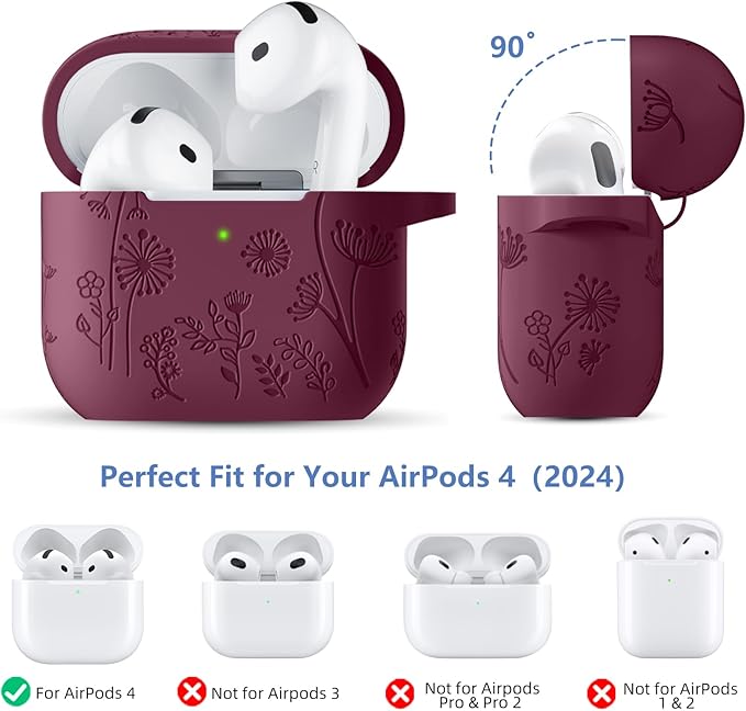 Lerobo Case Cover for Airpods 4, Flower Engraved Silicone, Full Protective, Shockproof, Anti-dust, with Cleaner Kit & Keychain, Compatible with Apple Airpods 4 Case for Women, Purplish Red