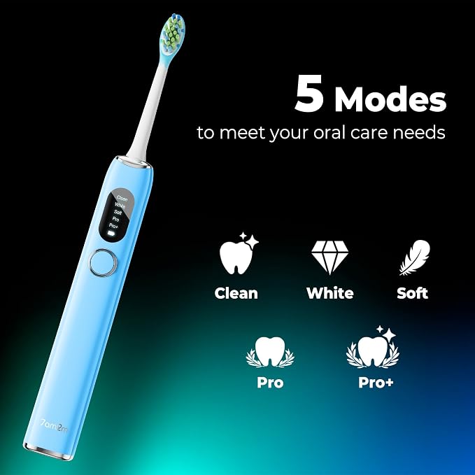 7AM2M Sonic Electric Toothbrush for Adults&Teens with LED Screen, 5 Modes, One Charge for 365 Days, 2 Minute Timer, with 8 Brush Heads and Travel Case (Light Blue)