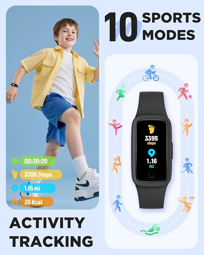 BIGGERFIVE Vigor 3 Kids Fitness Tracker Watch, AMOLED Screen, No App No Phone Needed, 3ATM Waterproof, Heart Rate and Sleep Monitor, Pedometer Watch, Sports Step Counter for Boys Girls Ages 5-15,Black