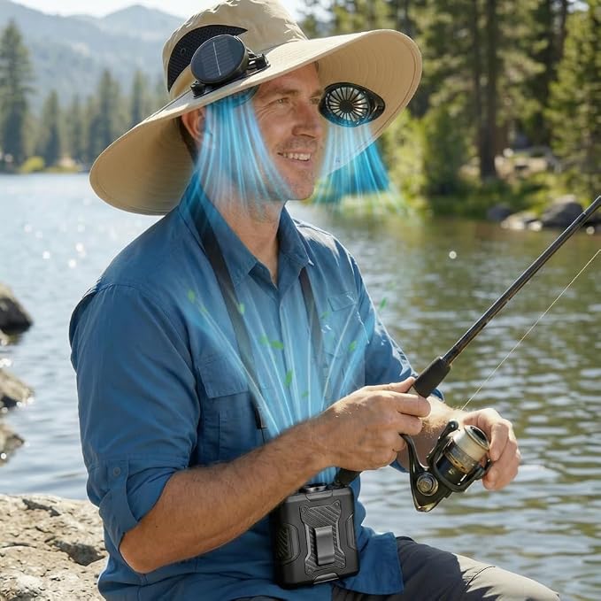Portable Fan with Solar Fan Hat 2-in-1 Combo, Wide Brim UPF 50+ Sun Hat with Detachable 4-Speed Neck/Waist Fan, LED Light for Camping Hiking Fishing Outdoor