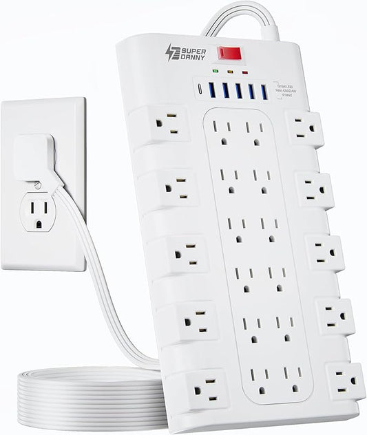 Flat Plug Power Strip, SUPERDANNY Surge Protector with 22 AC Outlets and 6 USB Charging Ports, 1875W/15A, 2100 Joules, 6.5Ft Heavy Duty Extension Cord for Home Office, Dorm, Gaming Room, White