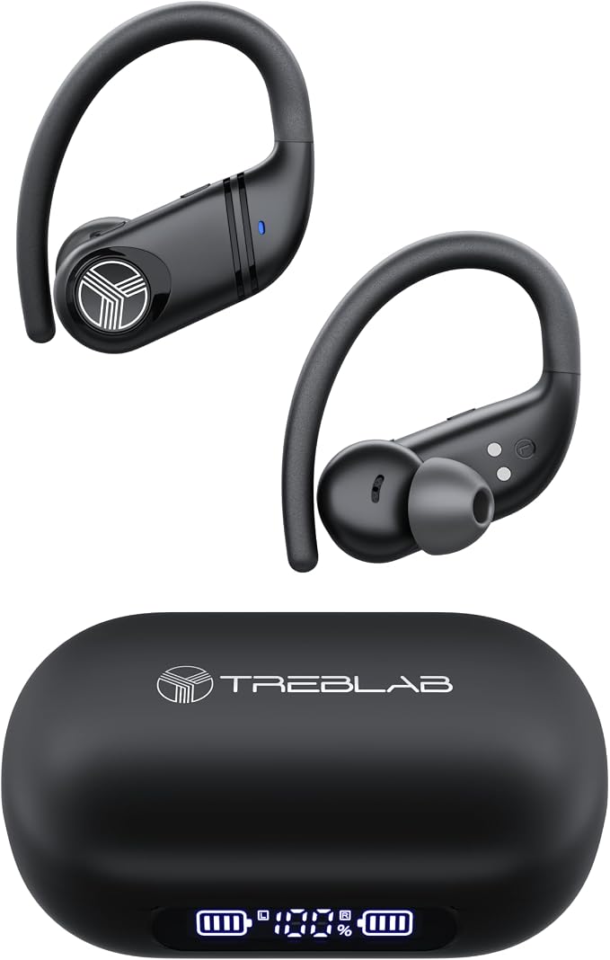 TREBLAB X4 Over the Ear Earbuds Wireless Bluetooth, 11H, IPX5 | Bluetooth Headphones Waterproof IPX5, 2500mAh Powerbank Case, Wireless Charging, Gaming Mode 60ms, ENC Mic, Sport Hook Fit