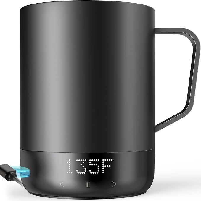 14oz Smart Heated Mug, Rechargeable Self-Heating Coffee Mug with 10 Temp Settings, Keeps Coffee Hot for Hours, No App Required, LED Display & Memory Function for Home Office, Coffee Tea Lover (Black)