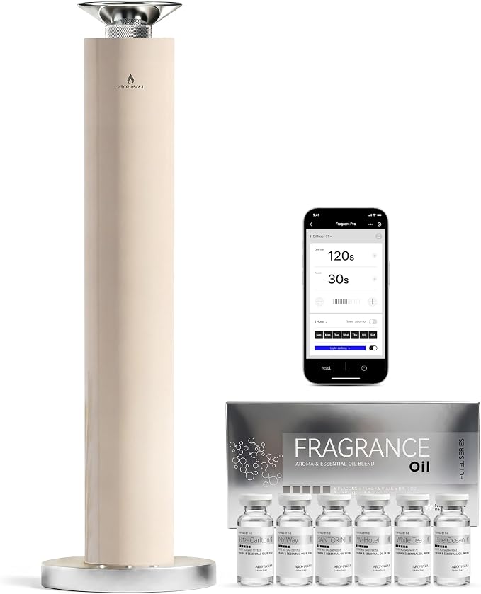 Waterless Scent Diffuser Starter Kit - Alloy Atomization System, Smart Rechargeable Hotel Scent Diffuser, 1500 Sq Ft Coverage, Including 6×15ml Essential Oils, for Home, Large Room, Spa, Cream