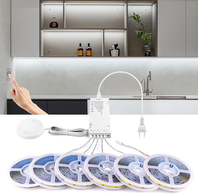 AIMENGTE Cabinet Light, LED Strip Lights, 6-in-1 12V COB Under Cabinet Lighting with Penetrable Touch Dimming, Energy-Efficient, for Wine Cabinets, Shoe Racks, Wardrobes, Kitchen Cabinets