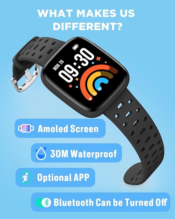 BIGGERFIVE Kids Watch No Phone Needed, 1.8" Amoled Smart Fitness Watch Pedometer, Heart Rate, Sleep Tracker, 30m Waterproof, Step Counter, Puzzle Games, 100+ Dials, Gifts for Boys Girls 5-16, Black