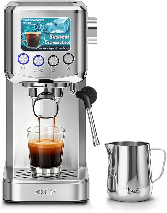 XIXUBX 20 Bar Espresso & Cold Brew Coffee Maker with Milk Frother, 42oz Removable Tank, Stainless Steel, Perfect for Cappuccino, Latte, Home & Office, Brushed Silver