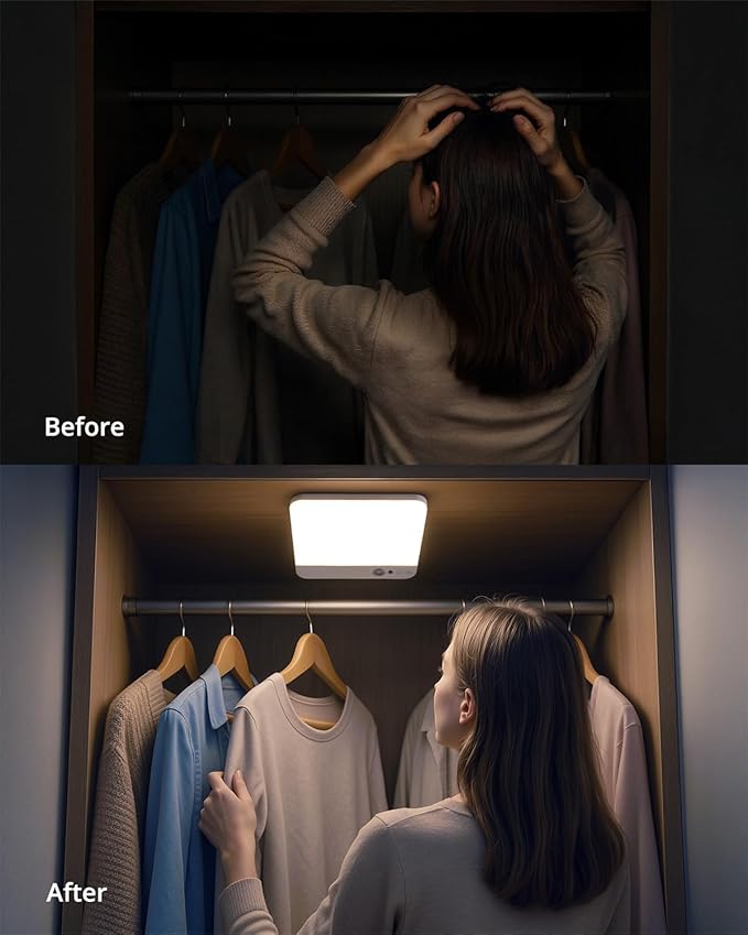 Combuh Battery Operated Ceiling Light, Rechargeable Motion Sensor Lighting with Remote, 3 Colors Waterproof Magnetic Cordless Lamp for Closet, Shower, Pantry, Garage, Hallway, 7.87Inch, Square