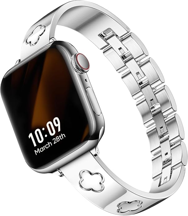 Missair Compatible with Apple Watch Band 38mm 40mm 41mm 42mm 44mm 45mm 46mm 49mm, Four Leaf Lucky Bracelet Women Dressy Stainless Steel Metal Clover Strap for iWatch Series 11 10 9 8 7 6 5 4 SE Ultra