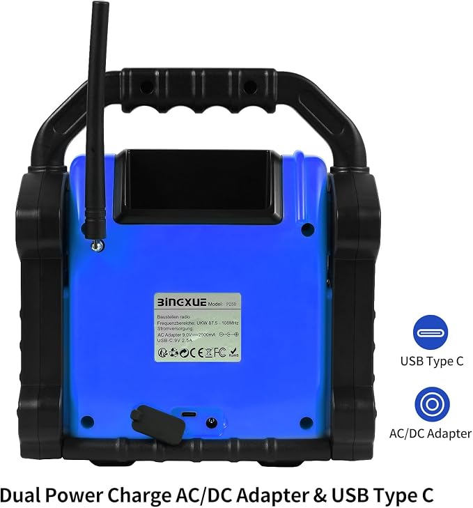 Outdoor Radios Waterproof Bluetooth Speaker, 30W 8000mAh Battery FM Clock Radio,Portable with LED Lights，Anticollision FM Radios for Outdoor/Workshop/Garage (Blue)