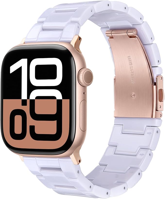 V-MORO Resin Band Compatible with Apple Watch Bands Series 11/10/9/8/7 46mm 45mm 44mm 42mm iWatch 6/5/4/3/2/1/SE with Rose Gold Buckle iWatch Ultra 49mm Lightweight Wristband Strap Women Men,White