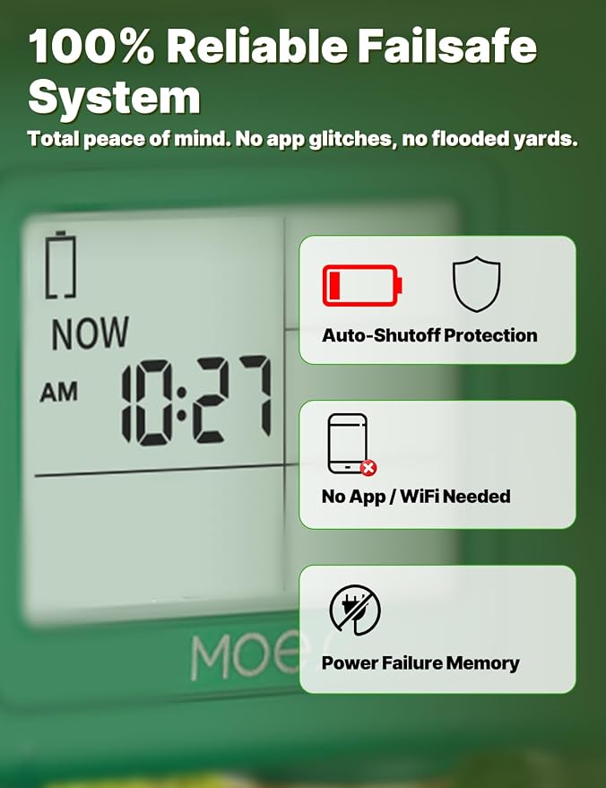 MOES 2 Zone Water Timer for Garden Hose, 3/4 in Brass Inlet and Outlets, Battery Operated Sprinkler Timer, Dual Outlet Faucet Valve, Rain Delay, Manual Watering, Non-WiFi
