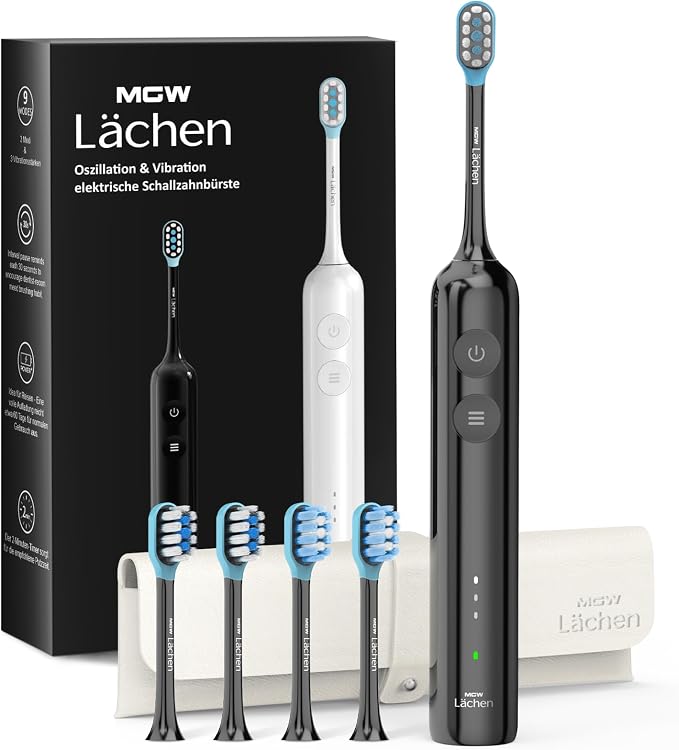 MGW Electric Toothbrush - Sonic Electric Toothbrush for Adults,Smart Timers & 3 Modes (3 Intensity Levels Each), IPX8 Waterproof, 4 Brush Heads, Travel Case, Black