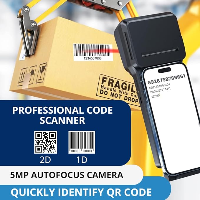 POS XP-P1 Portable Thermal Printer, USB & Bluetooth, 58mm Paper Width, High-Speed Printing, 1D/2D Barcode Scanning, Compatible with Windows, Linux, Android, iOS (Black)