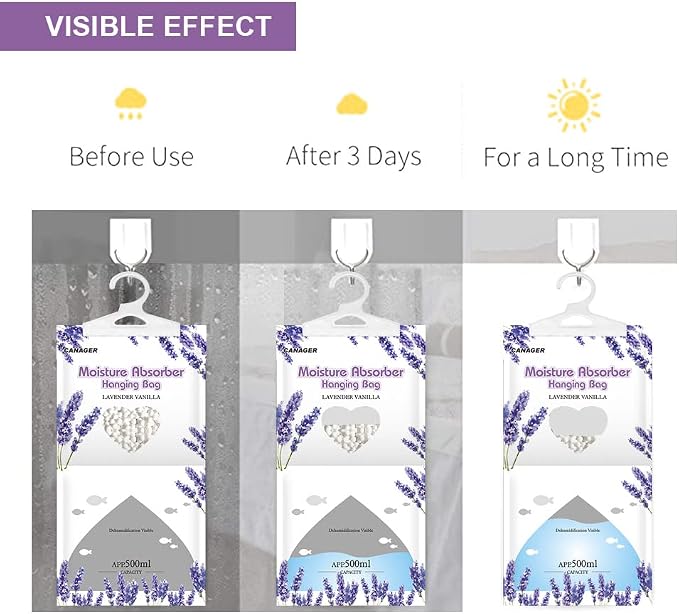 CANAGER Moisture Absorber -12 Pack,Lavender Vanilla Hanging Humidity Bag,Home,Car, and Closet Dehumidifiers and Deodorizers (12.5OZ)