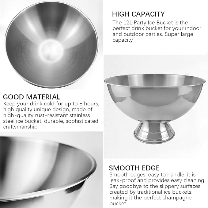12L Insulated Stainless Steel Ice Bucket for Wine Champagne Beer Bottles - Champagne Bucket Cooler for Home Restaurant Hotel and Bar