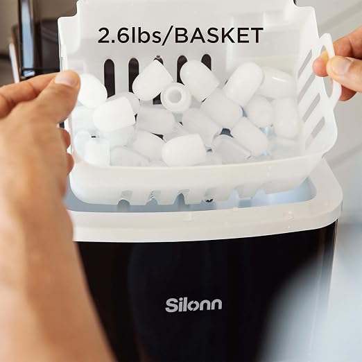 Silonn Ice Maker Countertop, 9 Cubes Ready in 6 Mins, 26lbs in 24Hrs, Self-Cleaning Ice Machine with Ice Scoop and Basket, 2 Sizes of Bullet Ice for Home Kitchen Office Bar Party