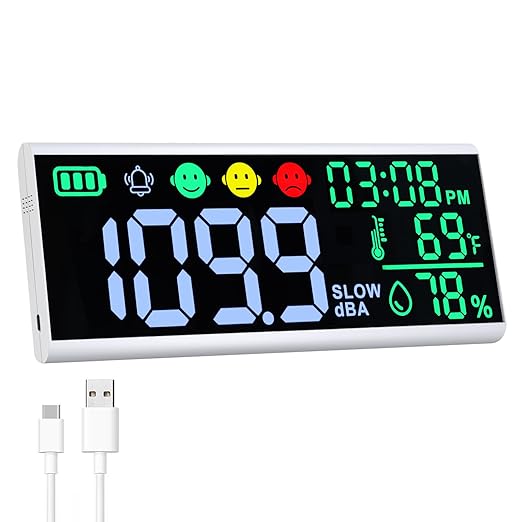 Decibel Meter 13" Sound Decibel Meter Display Time Temperature Humidity, Wall Mounted and Desktop Sound Level Meter with Buzzer Alarm Icons Indicator, Noise Meter for Classroom, Studio, Home, etc.