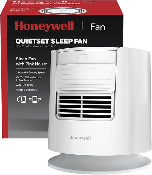 Honeywell QuietSet™ Personal Sleep Fan Noise Machine with Pink Noise, 3 Speeds, Adjustable Head, Nightstand and Bedside Fan, White, HTF300W