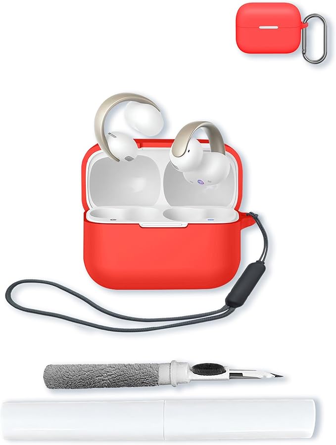 Case for Anker Soundcore AeroClip Open-Ear Clip-On Earbuds,Soft Protective,BOVUGAC Silicone Case Cover with Keychain & Cleaning Kit & Lanyard for Anker Soundcore AeroClip Earbuds-Red